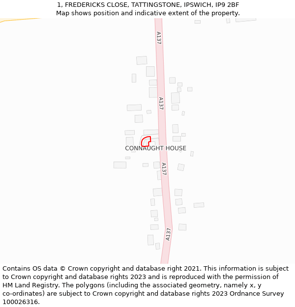 1, FREDERICKS CLOSE, TATTINGSTONE, IPSWICH, IP9 2BF: Location map and indicative extent of plot