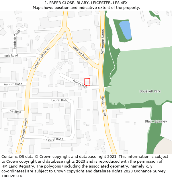 1, FREER CLOSE, BLABY, LEICESTER, LE8 4FX: Location map and indicative extent of plot