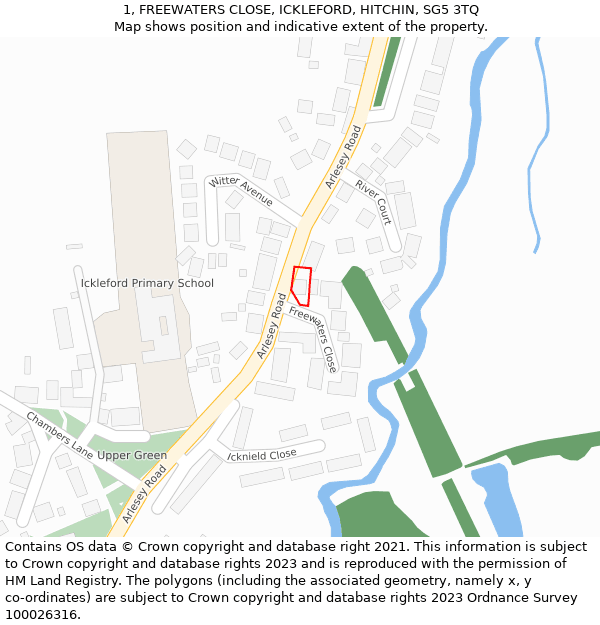 1, FREEWATERS CLOSE, ICKLEFORD, HITCHIN, SG5 3TQ: Location map and indicative extent of plot