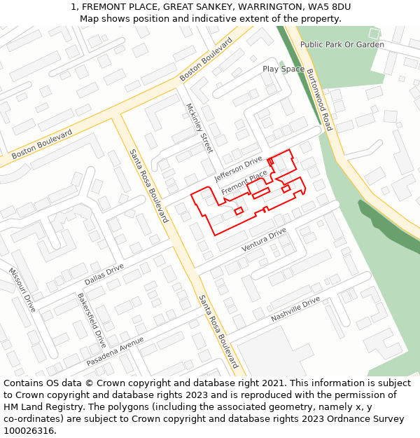 1, FREMONT PLACE, GREAT SANKEY, WARRINGTON, WA5 8DU: Location map and indicative extent of plot