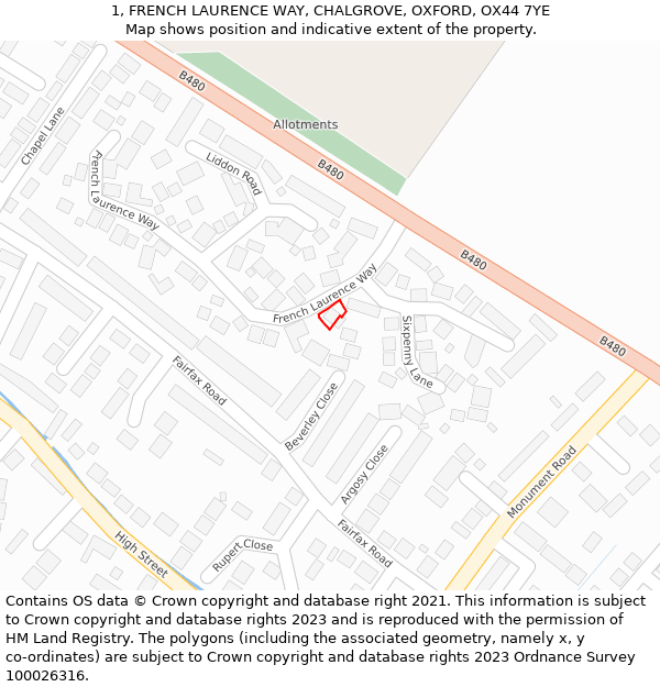 1, FRENCH LAURENCE WAY, CHALGROVE, OXFORD, OX44 7YE: Location map and indicative extent of plot