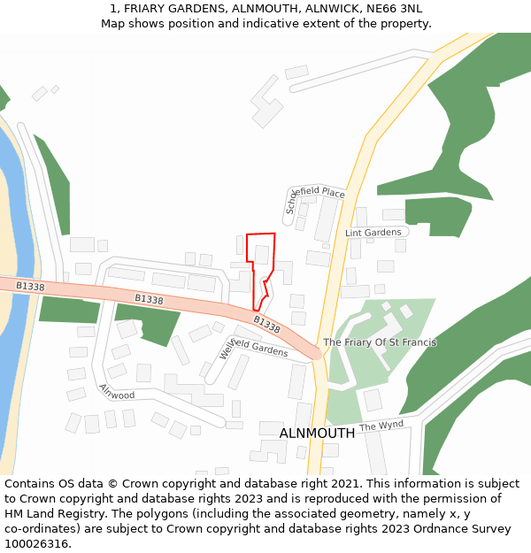 1, FRIARY GARDENS, ALNMOUTH, ALNWICK, NE66 3NL: Location map and indicative extent of plot