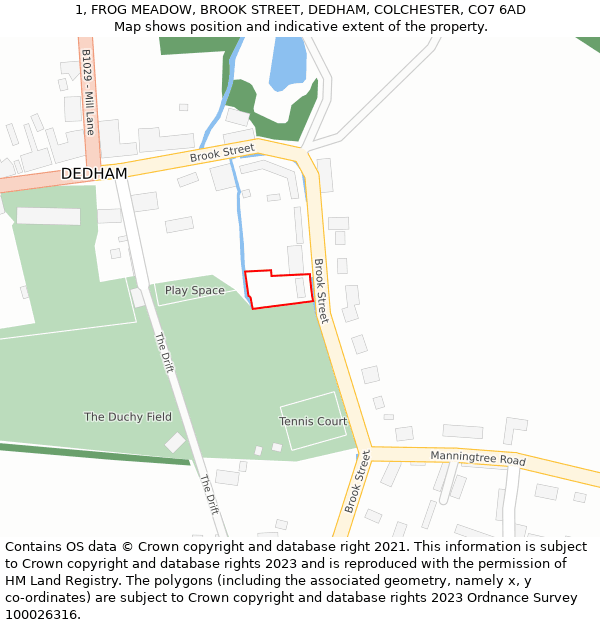 1, FROG MEADOW, BROOK STREET, DEDHAM, COLCHESTER, CO7 6AD: Location map and indicative extent of plot