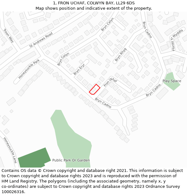 1, FRON UCHAF, COLWYN BAY, LL29 6DS: Location map and indicative extent of plot