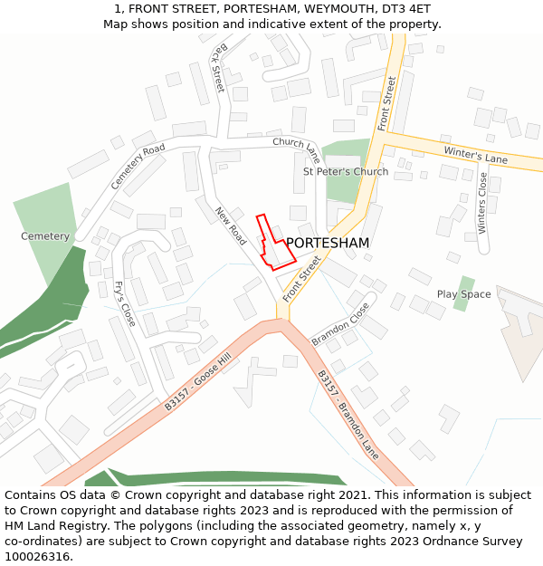 1, FRONT STREET, PORTESHAM, WEYMOUTH, DT3 4ET: Location map and indicative extent of plot