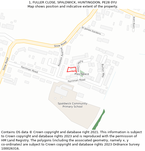 1, FULLER CLOSE, SPALDWICK, HUNTINGDON, PE28 0YU: Location map and indicative extent of plot