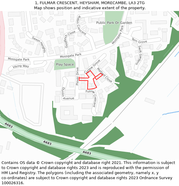 1, FULMAR CRESCENT, HEYSHAM, MORECAMBE, LA3 2TG: Location map and indicative extent of plot