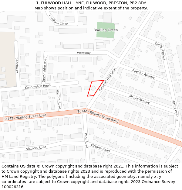 1, FULWOOD HALL LANE, FULWOOD, PRESTON, PR2 8DA: Location map and indicative extent of plot