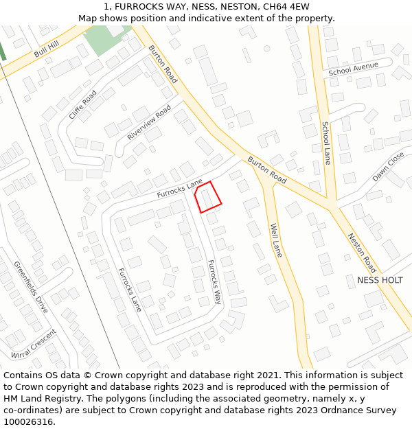 1, FURROCKS WAY, NESS, NESTON, CH64 4EW: Location map and indicative extent of plot