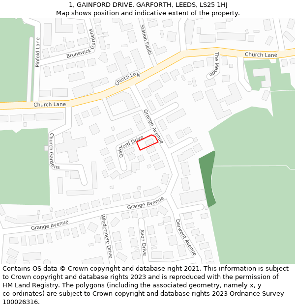 1, GAINFORD DRIVE, GARFORTH, LEEDS, LS25 1HJ: Location map and indicative extent of plot