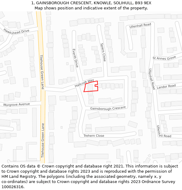 1, GAINSBOROUGH CRESCENT, KNOWLE, SOLIHULL, B93 9EX: Location map and indicative extent of plot