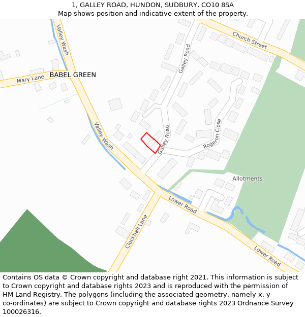 1, GALLEY ROAD, HUNDON, SUDBURY, CO10 8SA: Location map and indicative extent of plot