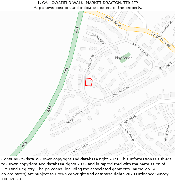 1, GALLOWSFIELD WALK, MARKET DRAYTON, TF9 3FP: Location map and indicative extent of plot