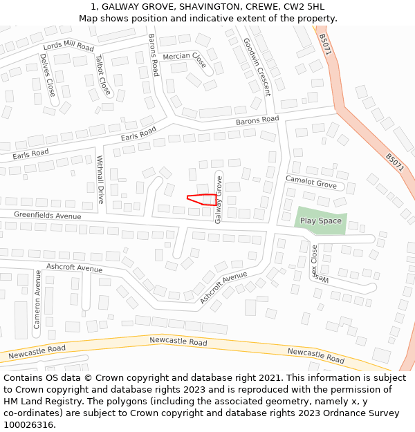 1, GALWAY GROVE, SHAVINGTON, CREWE, CW2 5HL: Location map and indicative extent of plot