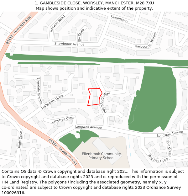 1, GAMBLESIDE CLOSE, WORSLEY, MANCHESTER, M28 7XU: Location map and indicative extent of plot