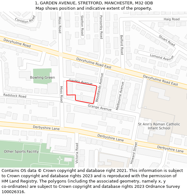 1, GARDEN AVENUE, STRETFORD, MANCHESTER, M32 0DB: Location map and indicative extent of plot