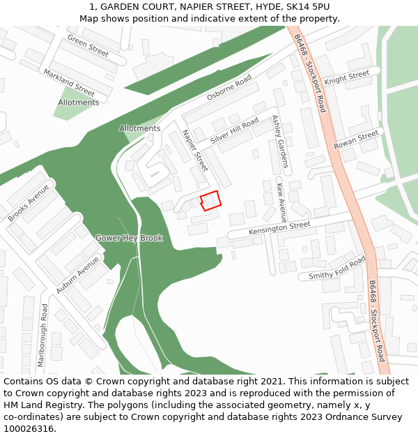 1, GARDEN COURT, NAPIER STREET, HYDE, SK14 5PU: Location map and indicative extent of plot