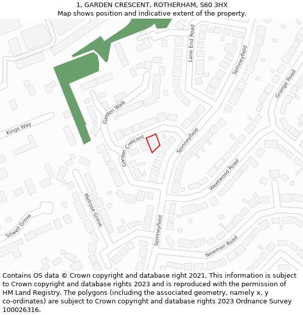 1, GARDEN CRESCENT, ROTHERHAM, S60 3HX: Location map and indicative extent of plot