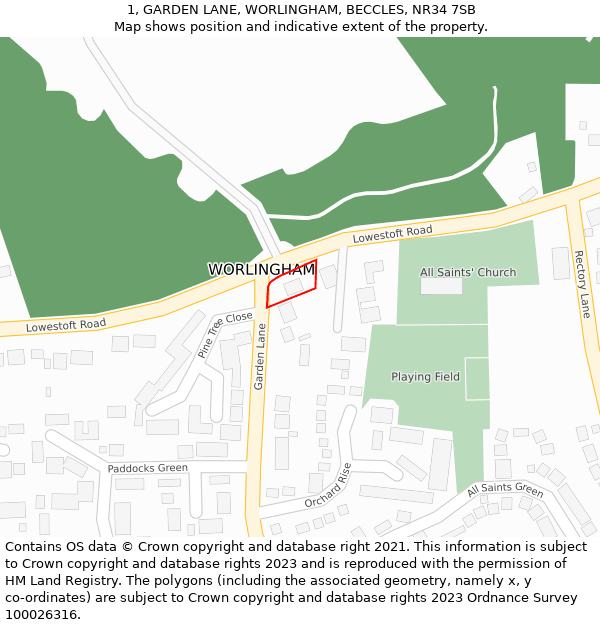 1, GARDEN LANE, WORLINGHAM, BECCLES, NR34 7SB: Location map and indicative extent of plot