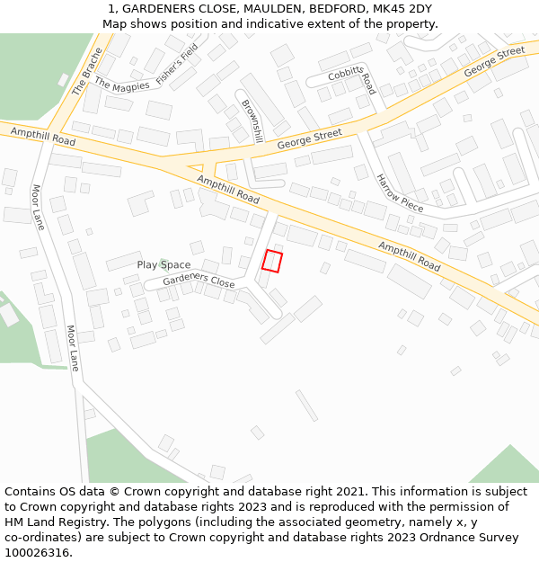 1, GARDENERS CLOSE, MAULDEN, BEDFORD, MK45 2DY: Location map and indicative extent of plot