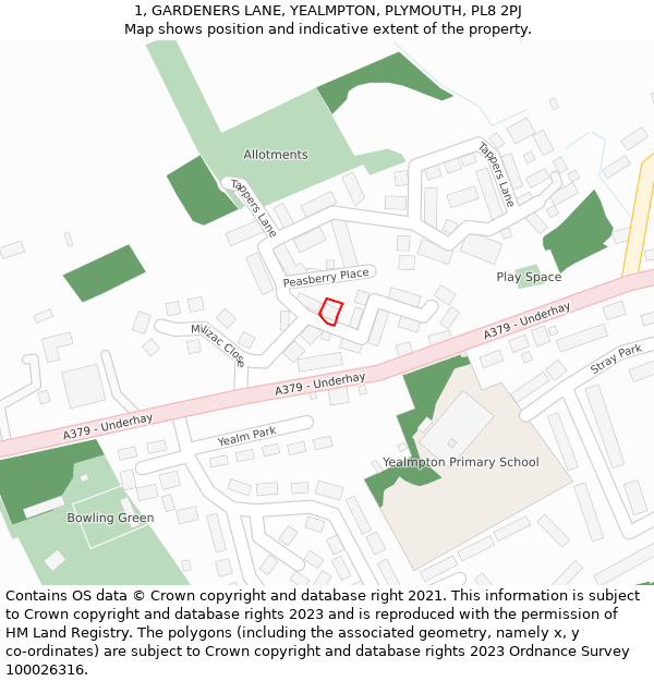 1, GARDENERS LANE, YEALMPTON, PLYMOUTH, PL8 2PJ: Location map and indicative extent of plot