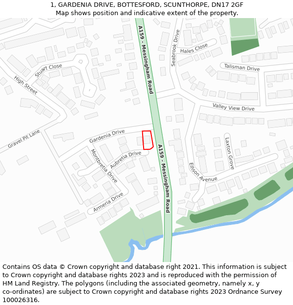1, GARDENIA DRIVE, BOTTESFORD, SCUNTHORPE, DN17 2GF: Location map and indicative extent of plot