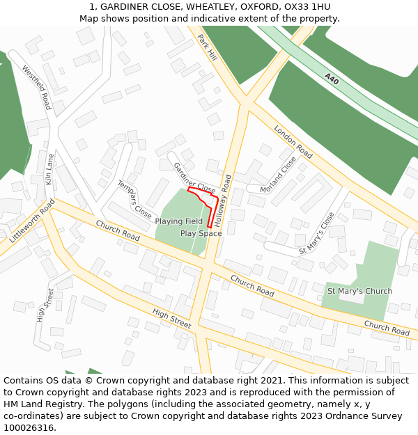 1, GARDINER CLOSE, WHEATLEY, OXFORD, OX33 1HU: Location map and indicative extent of plot