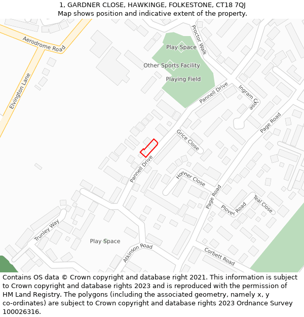 1, GARDNER CLOSE, HAWKINGE, FOLKESTONE, CT18 7QJ: Location map and indicative extent of plot