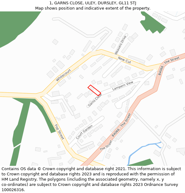 1, GARNS CLOSE, ULEY, DURSLEY, GL11 5TJ: Location map and indicative extent of plot