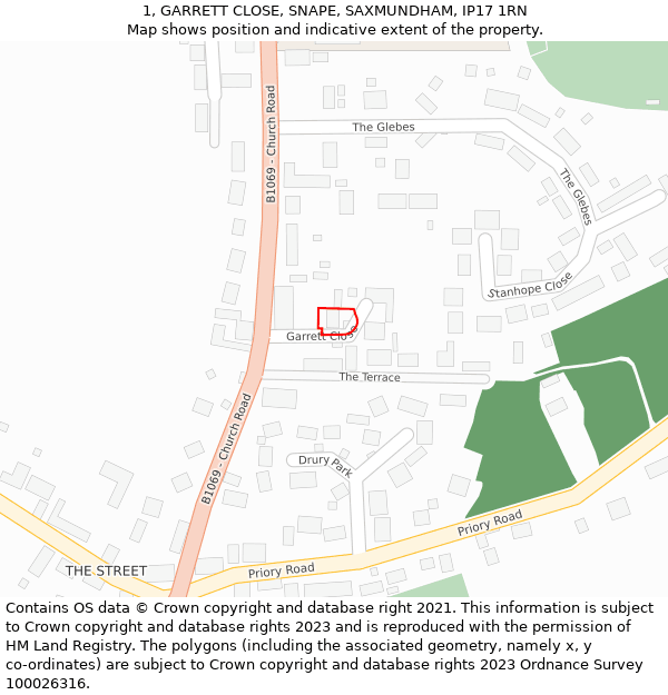 1, GARRETT CLOSE, SNAPE, SAXMUNDHAM, IP17 1RN: Location map and indicative extent of plot