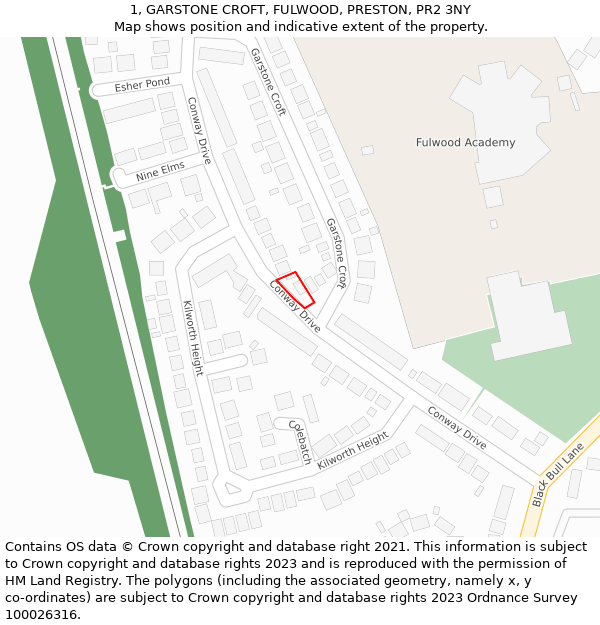 1, GARSTONE CROFT, FULWOOD, PRESTON, PR2 3NY: Location map and indicative extent of plot