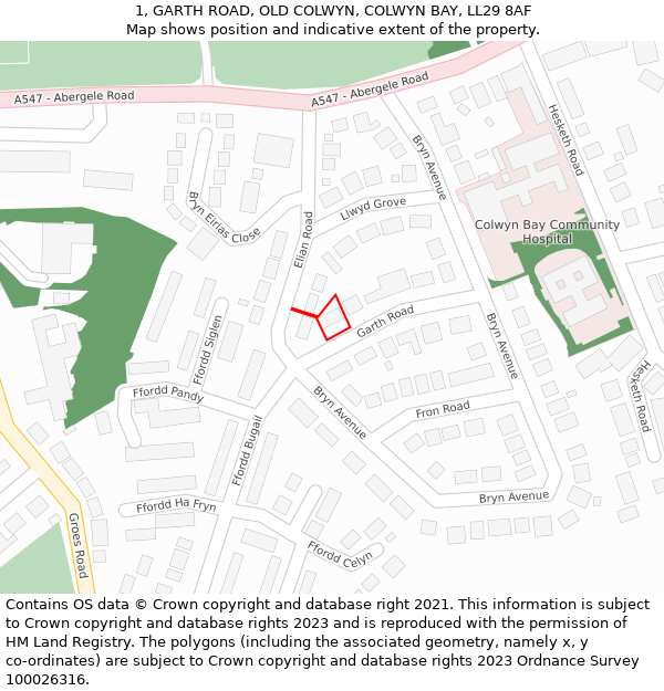 1, GARTH ROAD, OLD COLWYN, COLWYN BAY, LL29 8AF: Location map and indicative extent of plot