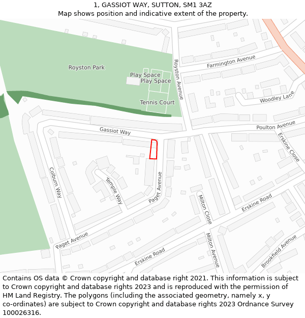 1, GASSIOT WAY, SUTTON, SM1 3AZ: Location map and indicative extent of plot