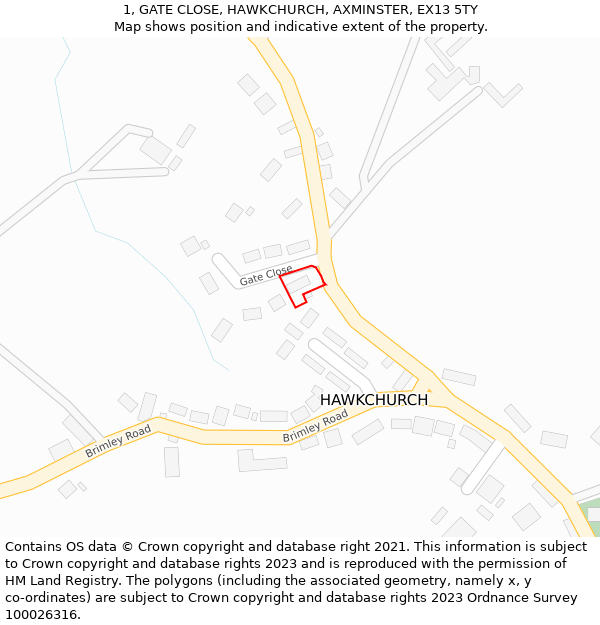 1, GATE CLOSE, HAWKCHURCH, AXMINSTER, EX13 5TY: Location map and indicative extent of plot