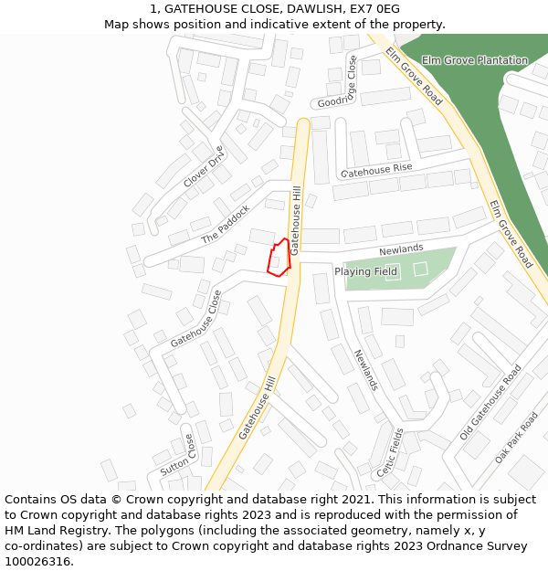 1, GATEHOUSE CLOSE, DAWLISH, EX7 0EG: Location map and indicative extent of plot