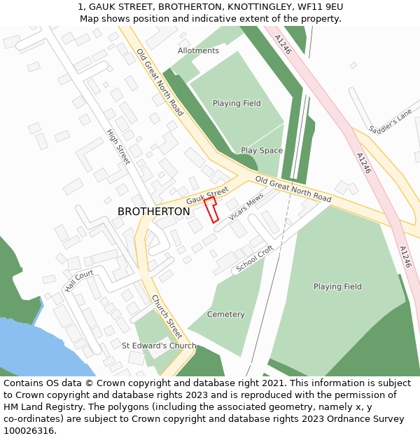 1, GAUK STREET, BROTHERTON, KNOTTINGLEY, WF11 9EU: Location map and indicative extent of plot