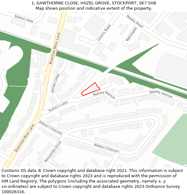 1, GAWTHORNE CLOSE, HAZEL GROVE, STOCKPORT, SK7 5AB: Location map and indicative extent of plot