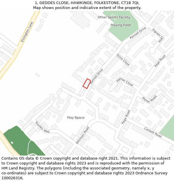 1, GEDDES CLOSE, HAWKINGE, FOLKESTONE, CT18 7QL: Location map and indicative extent of plot