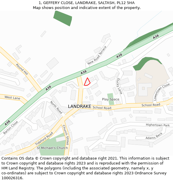 1, GEFFERY CLOSE, LANDRAKE, SALTASH, PL12 5HA: Location map and indicative extent of plot