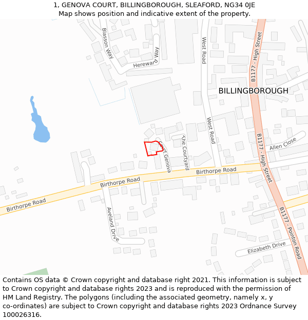 1, GENOVA COURT, BILLINGBOROUGH, SLEAFORD, NG34 0JE: Location map and indicative extent of plot