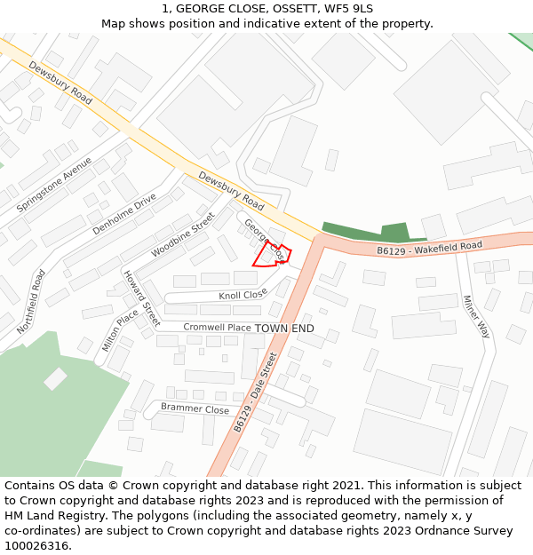 1, GEORGE CLOSE, OSSETT, WF5 9LS: Location map and indicative extent of plot