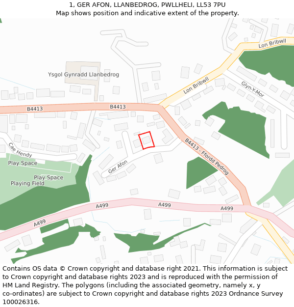 1, GER AFON, LLANBEDROG, PWLLHELI, LL53 7PU: Location map and indicative extent of plot