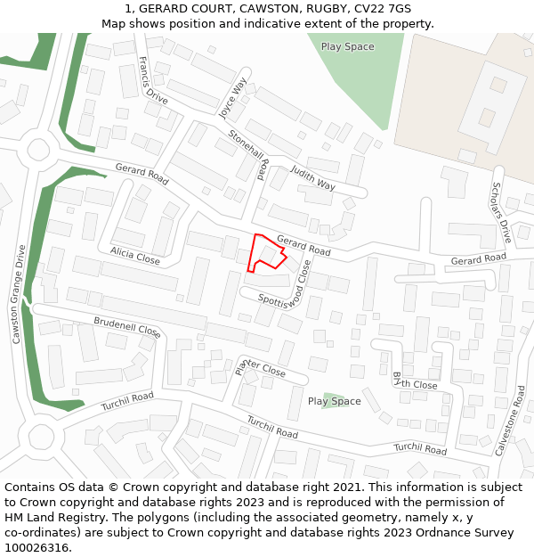 1, GERARD COURT, CAWSTON, RUGBY, CV22 7GS: Location map and indicative extent of plot