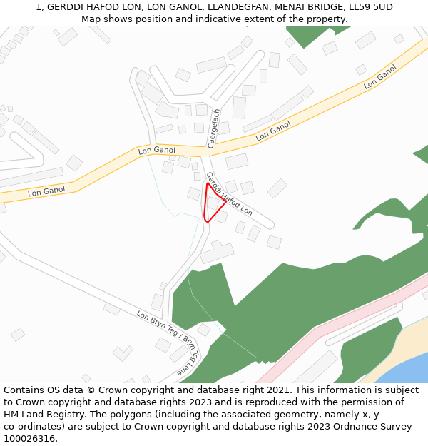 1, GERDDI HAFOD LON, LON GANOL, LLANDEGFAN, MENAI BRIDGE, LL59 5UD: Location map and indicative extent of plot