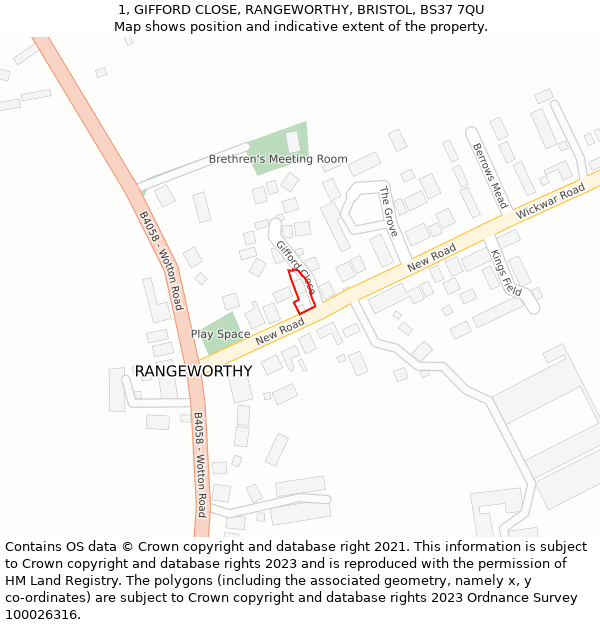 1, GIFFORD CLOSE, RANGEWORTHY, BRISTOL, BS37 7QU: Location map and indicative extent of plot