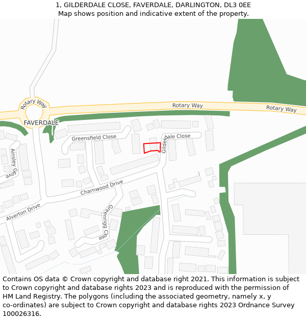 1, GILDERDALE CLOSE, FAVERDALE, DARLINGTON, DL3 0EE: Location map and indicative extent of plot