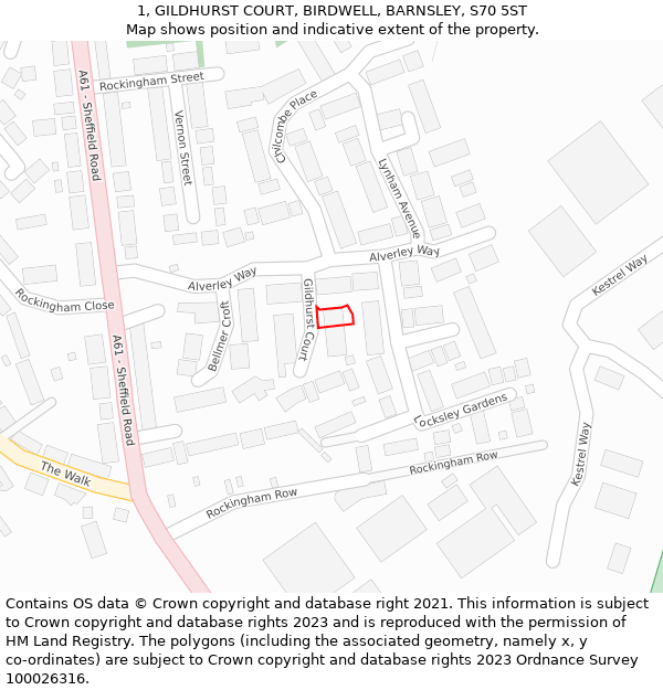 1, GILDHURST COURT, BIRDWELL, BARNSLEY, S70 5ST: Location map and indicative extent of plot