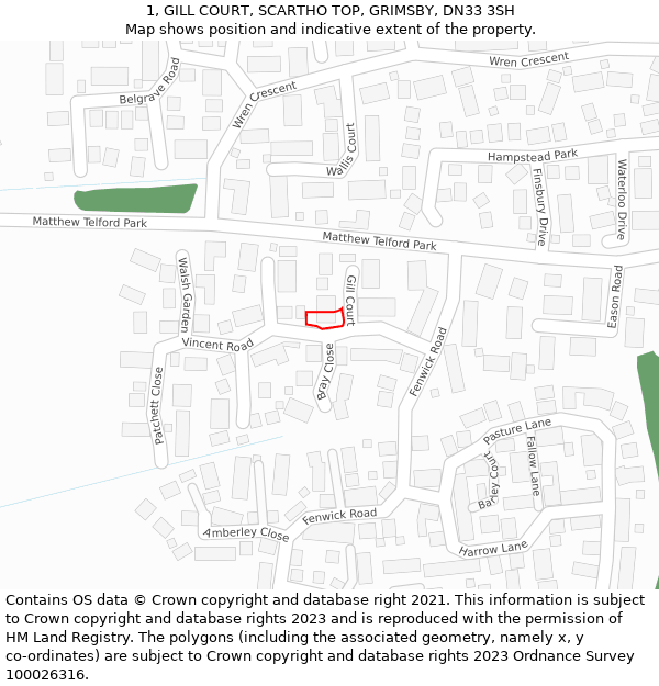 1, GILL COURT, SCARTHO TOP, GRIMSBY, DN33 3SH: Location map and indicative extent of plot