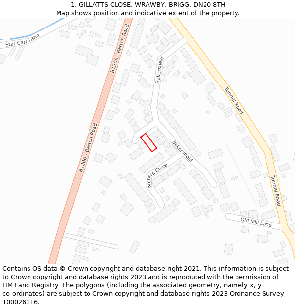 1, GILLATTS CLOSE, WRAWBY, BRIGG, DN20 8TH: Location map and indicative extent of plot