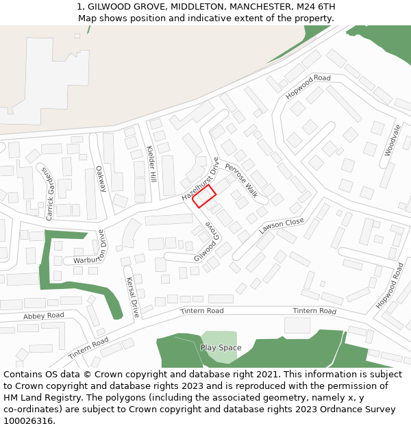 1, GILWOOD GROVE, MIDDLETON, MANCHESTER, M24 6TH: Location map and indicative extent of plot